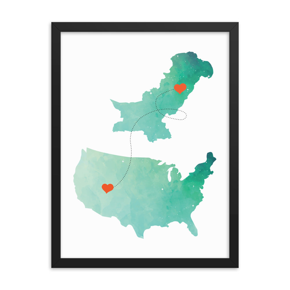 US & Pakistan Map - Green Framed poster