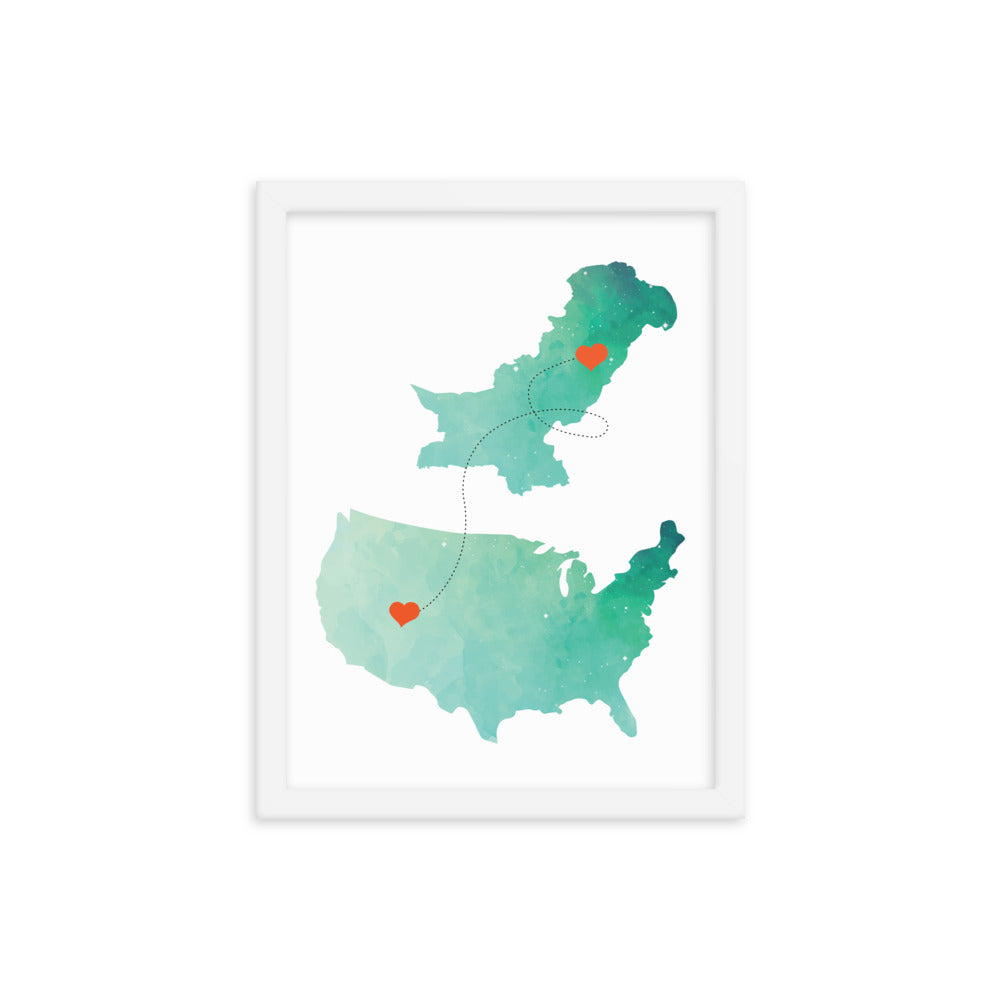 US & Pakistan Map - Green Framed poster