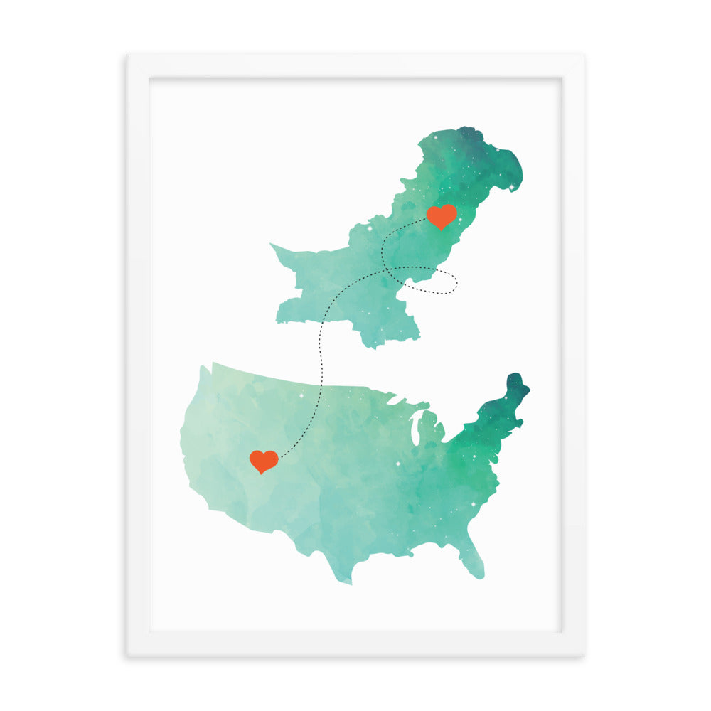 US & Pakistan Map - Green Framed poster