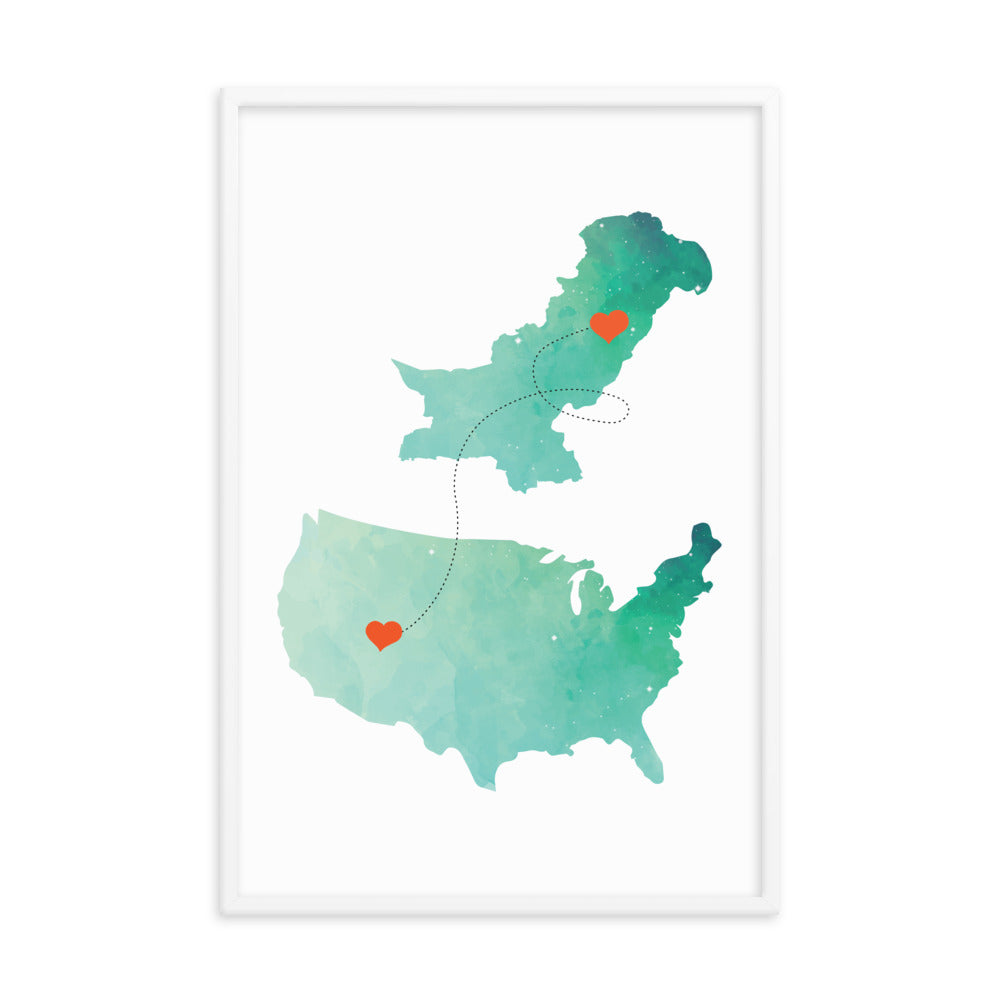 US & Pakistan Map - Green Framed poster