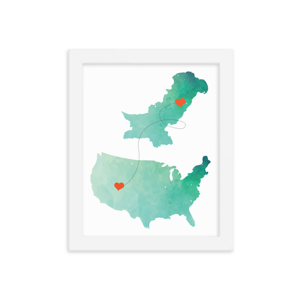 US & Pakistan Map - Green Framed poster