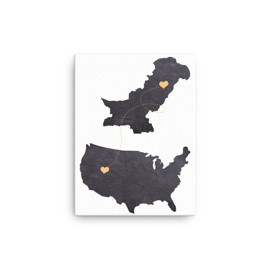 US & Pakistan Map - Black  Canvas