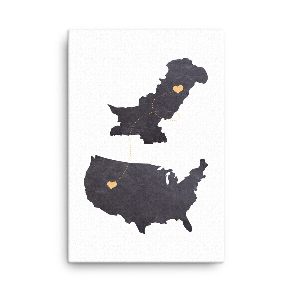 US & Pakistan Map - Black  Canvas