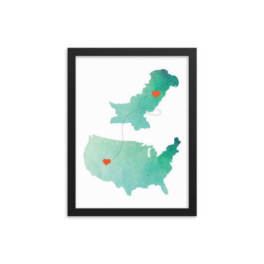 US & Pakistan Map - Green Framed poster