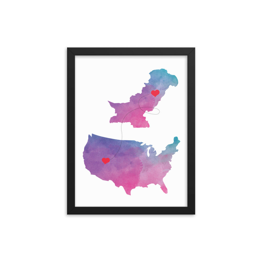 US & Pakistan Map - Purple Framed poster