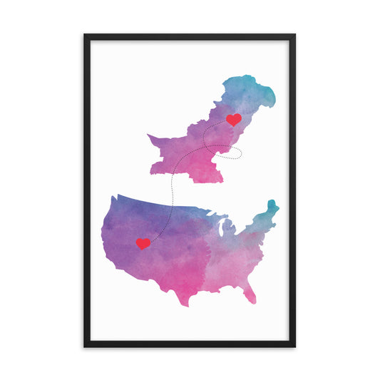 US & Pakistan Map - Purple Framed poster