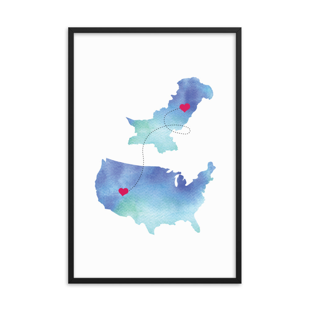 US & Pakistan Map - Blue Framed poster