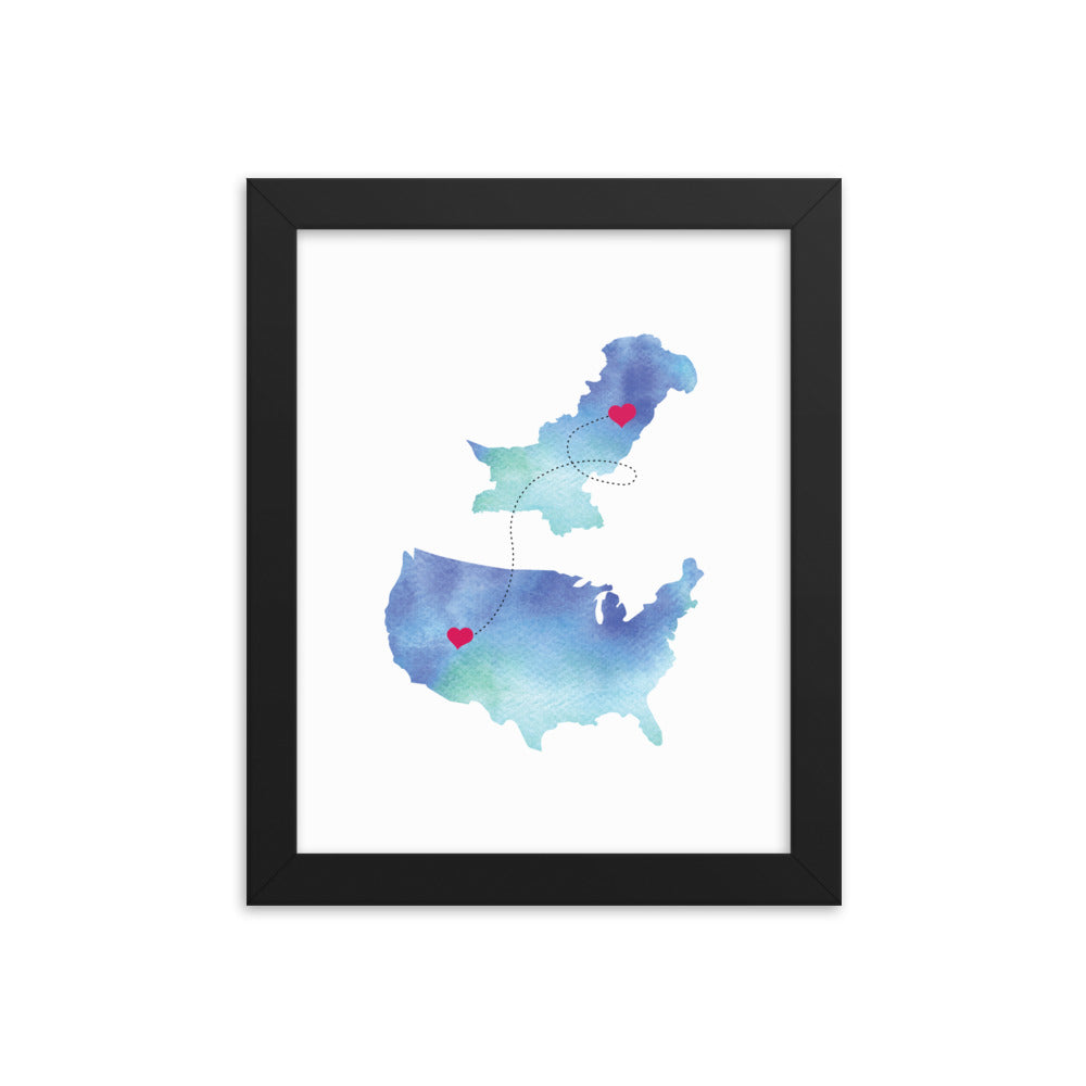 US & Pakistan Map - Blue Framed poster