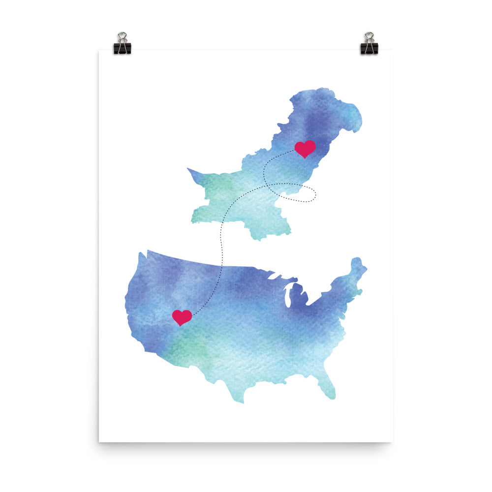 US & Pakistan Map - Blue Poster