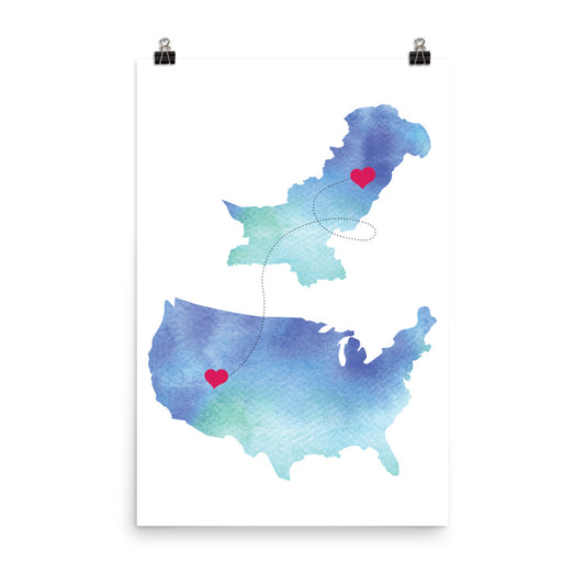 US & Pakistan Map - Blue Poster